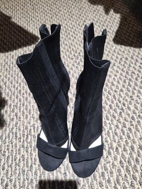 Black Stretch-Sock Open-Toe Heeled Boots